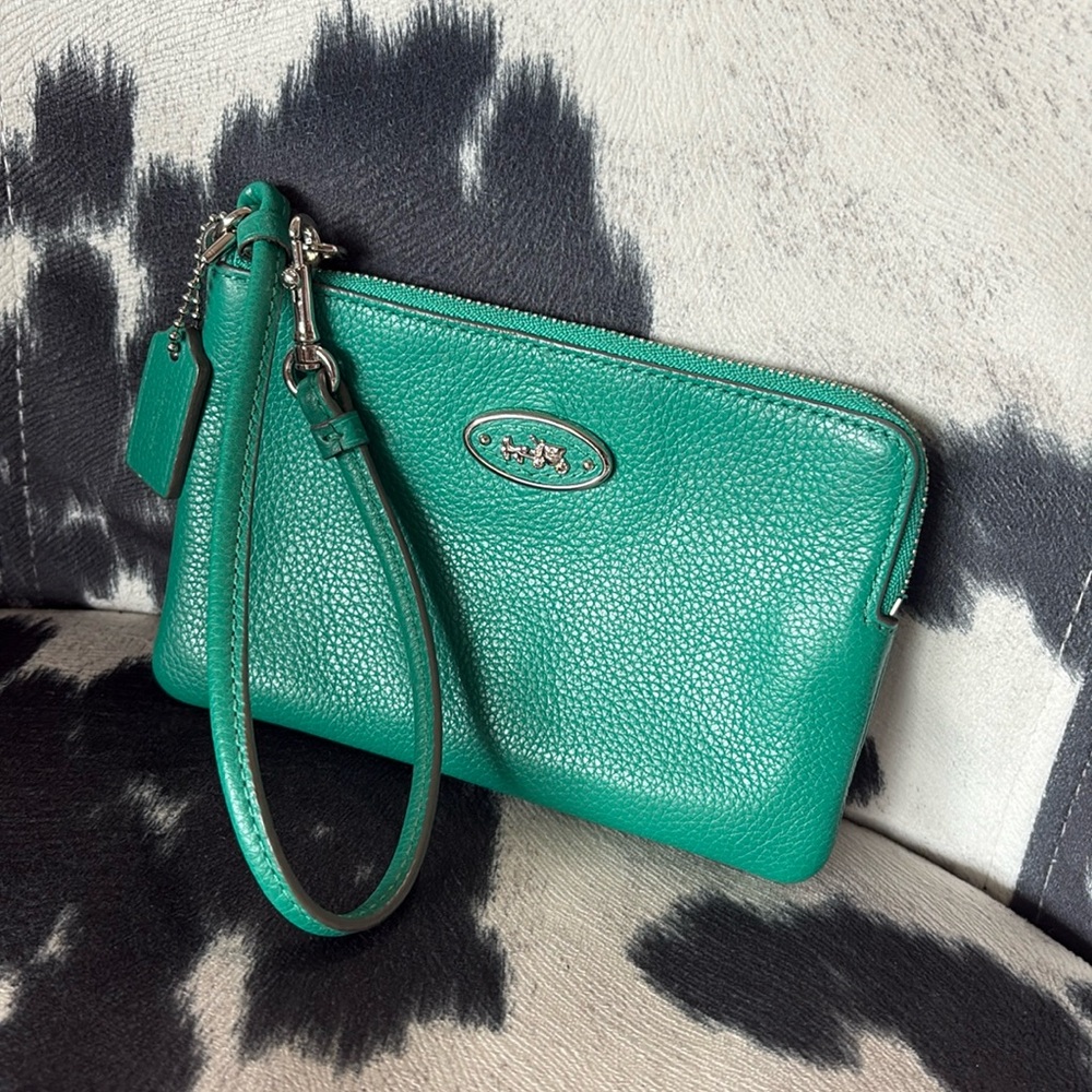 Coach Pebbled Leather Wristlet in Emerald Green